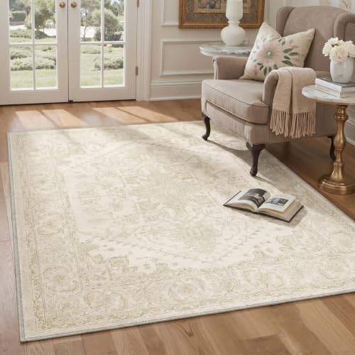 GENIMO 5X7 Area Rug for Living Room, Washable Boho Medallion Non Slip Thin - color: Dusty Ivory, size: 5' x 7' (Rectangular)