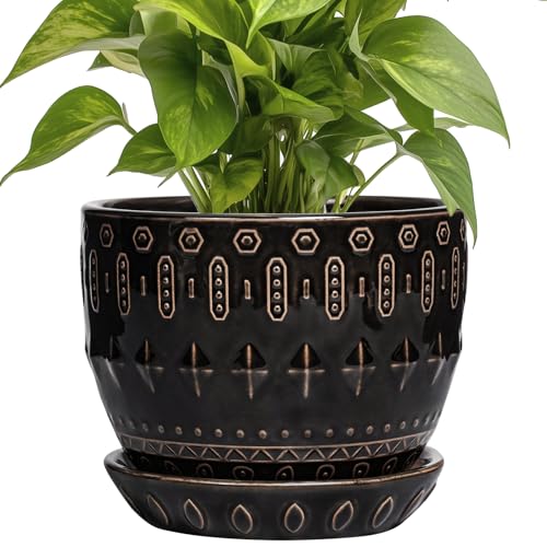 G EPGardening Ceramic Pot for Plants 5.5 Inch - Ceramic Plant Pot Indoor with Drainage Hole and Saucer, Round Boho Planter for Indoor Plants Outdoor, Housewarming Gifts, Garden Office Decor, Black - color: Columnar Black