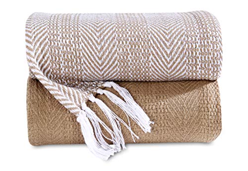 Luxurious Hand Woven Cozy Warm Combed Cotton All Season Indoor Outdoor Light Weight Fade Resistant Couch Chair Bed Throw Blankets Batik 50x60 Inch Set of 2 (Beige) - color: Beige