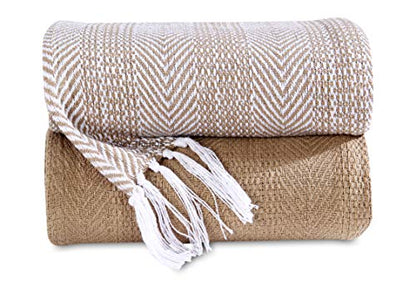 Luxurious Hand Woven Cozy Warm Combed Cotton All Season Indoor Outdoor Light Weight Fade Resistant Couch Chair Bed Throw Blankets Batik 50x60 Inch Set of 2 (Beige) - color: Beige