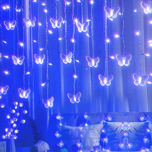 Blue Butterfly Curtain Fairy Lights USB Plug in,120 LED 8 Modes 20FT Firefly Twinkle Icicle String Lights with Remote Timer Waterproof for Bedroom Christmas Wedding Party Dorm Decor - color: Blue
