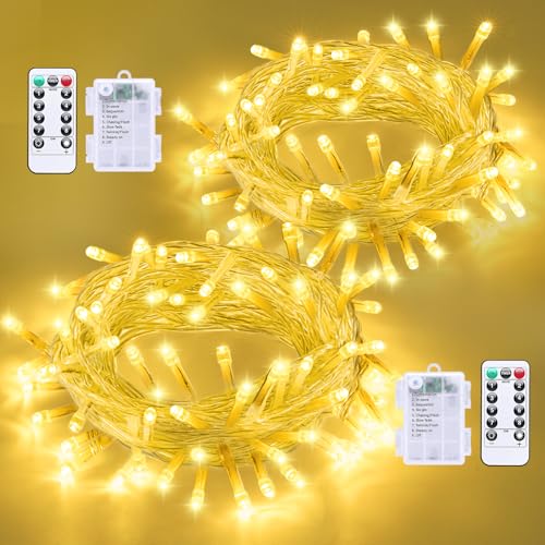 QITONG 2 Pack Battery Operated String Lights, Each 33ft 100 LED Warm White Christmas Lights Outdoor Waterproof, 8 Modes Clear Wire Twinkle Fairy Lights Indoor with Remote - color: Warm White, size: 2Pack