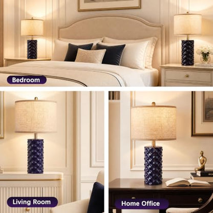 Star Diamond Ceramic Table Lamps Set of 2 - Dark Blue Nightstand Lamps 23" - color: Dark Blue
