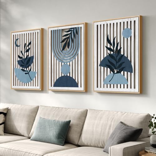Framed Boho Cutout Carved Wood Wall Art Decor for Living Room, 24x36 Inch | Cutout carved wood, Navy blue artwork, Extra large, 3 piece, Mid century modern, Geometric, Leaf, Dining room wall art decor - color: Navy Blue