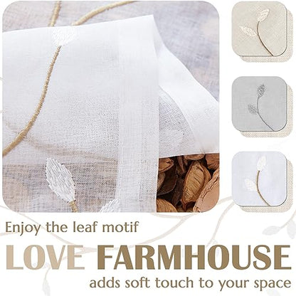 jinchan Linen Kitchen Valance Sheer Leaf Embroidered 18 Inch 1 Panel White - color: Leaf | White