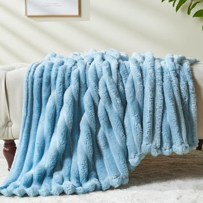 NEWCOSPLAY Fleece Ribbed Cozy Queen Blanket for Couch, Blue, 90"x90" - color: Blue Ribbed, size: Queen(90"x90")