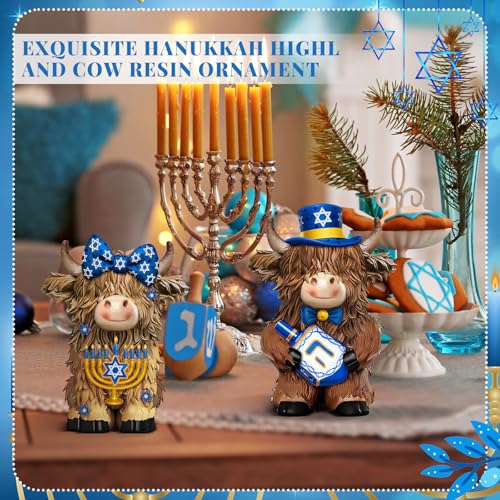 2 Pcs Hanukkah Highland Cow Figurines Decor, Blue Hanukkah Style - style: Hanukkah