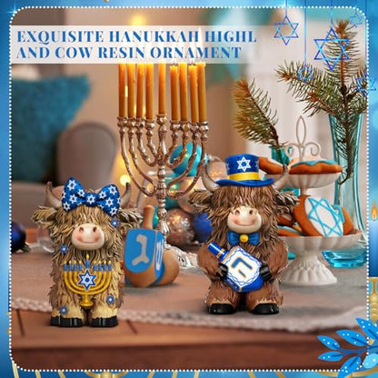 2 Pcs Hanukkah Highland Cow Figurines Decor, Blue Hanukkah Style - style: Hanukkah