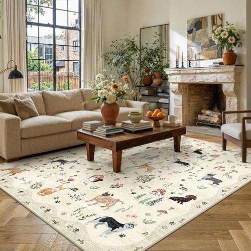 PureCozy Beige Washable Area Rug 8x10 for Living Room Floral Animal Accent - color: Beige/Dog, size: 8' x 10' (Rectangular)