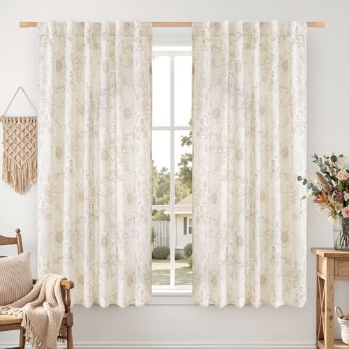 LAMIT Beige Floral Linen Curtains 63 Inch Length for Bedroom 2 Panels - color: Beige, size: 52"W x 63"L (Pack of 2)