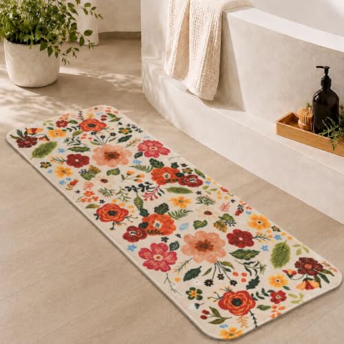 Floral Bathroom Rugs Large Long Bath Mat, Washable Bathroom Runner Rug Non Slip, Cute Flower Rug for Bathtub Floor - color: Floral Beige, size: 1'5" X 3'11" (Rectangular)