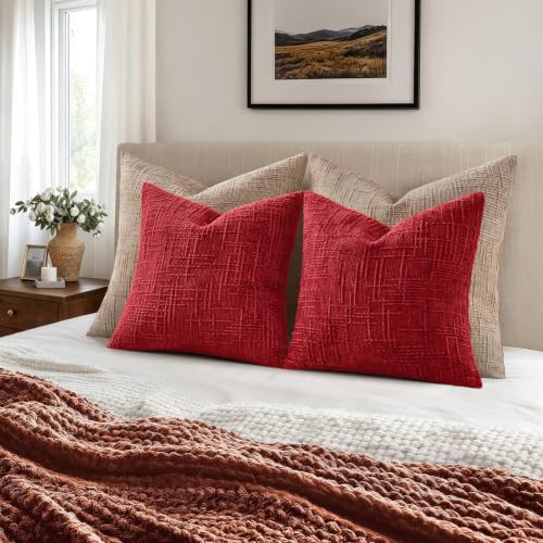 MIULEE Chenille Textured Throw Pillow Covers Red 16x16 Set of 2 - color: Red, size: 16" x 16" (Pack of 2)
