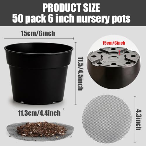 RooTrimmer 50 Pack 6 Inch Nursery Pots, Plastic Flower Pots, Thick Plant Pots with Drainage Hole for Planting Outdoor/Indoor Plants Succulent Herb (Black) - color: Black, size: 6 Inch 50 Pack