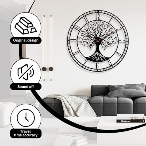 Dankeit Tree of Life Wall Clock, 24Inch Metal Black Family Tree Oversized Wall Clocks for Living Room Bedroom Home Decor, Modern Silent Mid-Century Battery Operated - color: B
