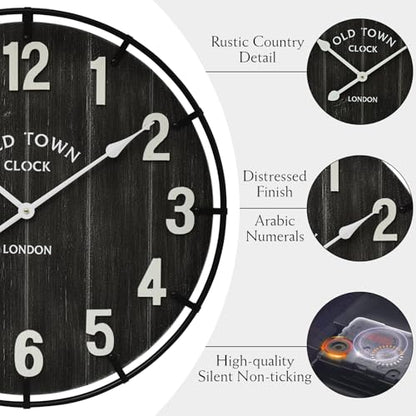 EMAX HOME Large Old Town Farmhouse Black Wall Clock 24 Inch Rustic Antique Wood with Metal Circle and Large Numerals Silent Battery Operated Wall Clock for Office Kitchen Bedroom Living Room - color: Black, size: 24 Inch