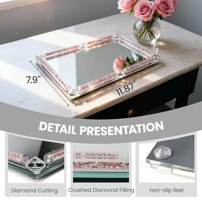 Crystal Perfume Tray, 11.8" x 7.9" Mirror Glass Vanity Tray - color: Pink