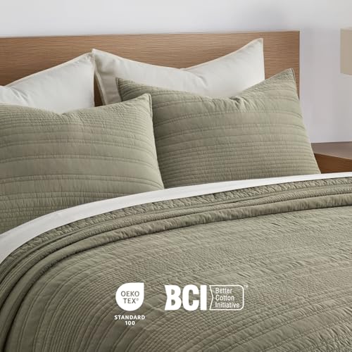EVERGRACEHOME 100% Cotton Modern Lines Quilt Set Queen Size, Light Sage - color: Light Sage, size: Full/Queen (92" X 92")