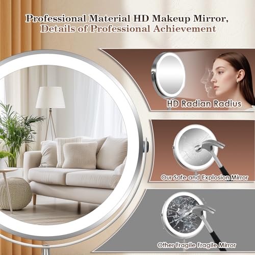 VESAUR 15X Magnifying Mirror with Light, 9.5 Large 5000mAh Rechargeable Double Sided HD Lighted Makeup Mirror with 3 Touch Dimmable Light, 360° Swivel Detachable for Travel Vanity Mirror Nickel, Gifts - size: 17"L x 9.5"W