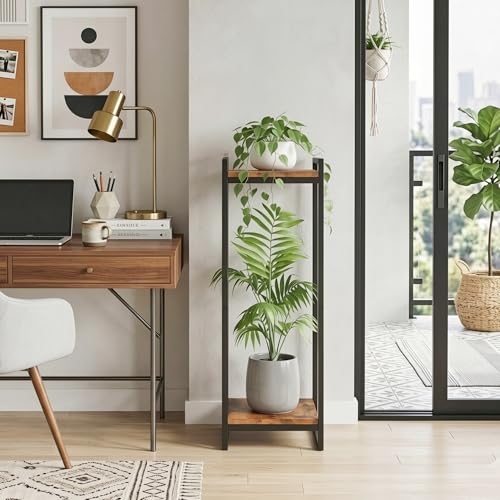 34" Tall Indoor Plant Stand, 2-Tier Flower Pot Rack, Rustic Brown