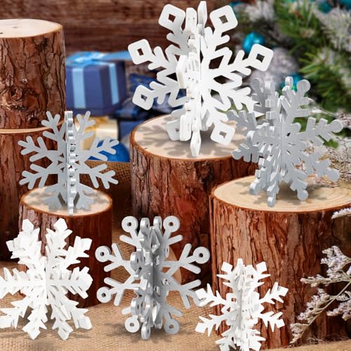 Wooden Snowflake Decorations, 3D Christmas Table Decorations, Set of 12 - color: White Silver, size: 12 set