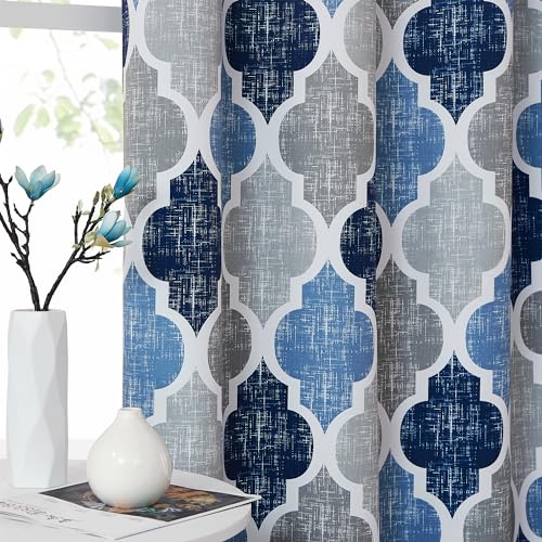 Beauoop Moroccan 100% Blackout Curtains Bedroom Blue Grey 50x72 2 Panels - color: Rod Pocket | Blue and Grey, size: 50"W x 72"L (Pack of 2)