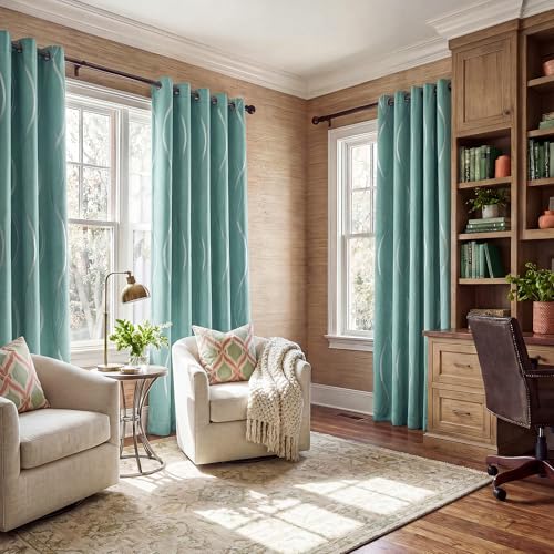 NICETOWN Aqua Blue Curtains 72 inch Long for Nursery and Kids Room, Wave Line Foil Print Design Pattern Drapes for Wall Decor, W52 x L72 inch, 2 Panels - color: 1 - Aqua Blue, size: 52"W x 72"L (Pack of 2)