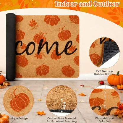 Fall Door Mat Outdoor Pumpkin Coir Welcome Doormat for Front Porch Entryway