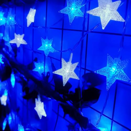 Star String Lights Plug in - 33 ft 100 LED Star Fairy String Lights with Remote and Timer, 8 Modes Waterproof for Bedroom Tent Loft Bed Window Backyard Patio Porch Balcony Staircase Party, Blue - color: Star - Blue - 33 FT