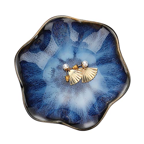 Binoster Gifts for Women Ceramic Jewelry Dish,Leaf Jewelry Tray Key Tray,Small Ring Dish Holder Decorative Jewelry Plate Trinket Dish Catchall Tray Nightstand Decor for Entryway Blue Table Room Decor - color: Blue, size: 4.3 inches