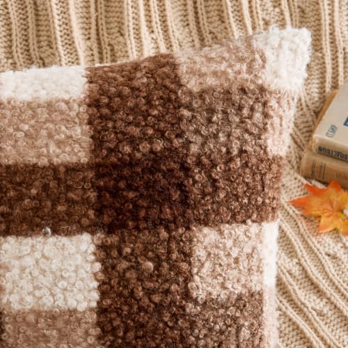 MIULEE Fall Plaid Pillow Covers Boucle Brown White 18x18 Set of 2 - color: Brown White, size: 18" x 18" (Pack of 2)