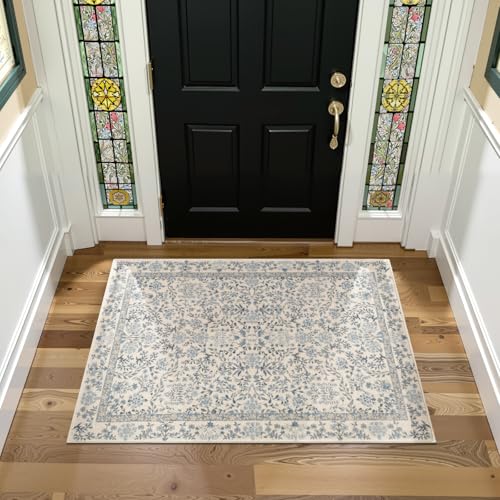 jinchan 3x5 Washable Living Room Area Rug, Vintage Floral, Blue/Cream - color: Blue/Cream, size: 3' x 5' (Rectangular)