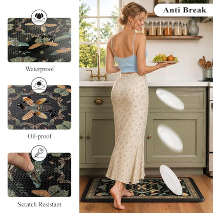 KIMODE Kitchen Mats for Floor 2 Piece Cushioned Anti Fatigue Kitchen Rugs - color: Midnight Black Botanical