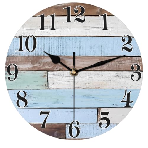 Rustic Coastal Country Wooden Wall Clock Battery Operated 10 in Round Wall Clocks Slilent Non Ticking Quartz Analog Clock for Bedroom Kids Living Room Classroom Decor - color: Rustic Blue White Brown Wooden