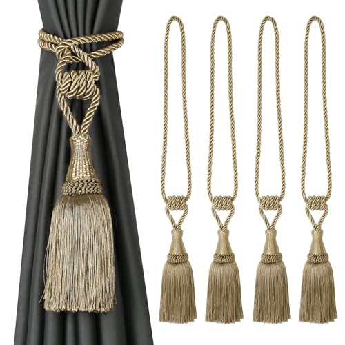 BEL AVENIR 4 Pack Tassel Curtain Tiebacks Handmade Holdbacks (Gold) - color: Gold, size: 4 Pack