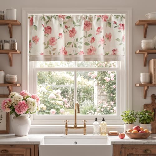 jinchan Blushfield Floral Linen Double Layer Cafe Curtains 18 Inch 1 Panel - color: Pink, size: 50"W x 18"L (Pack of 1)