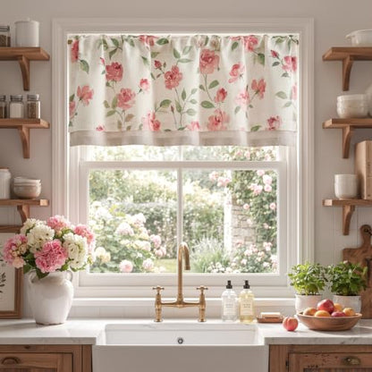 jinchan Blushfield Floral Linen Double Layer Cafe Curtains 18 Inch 1 Panel - color: Pink, size: 50"W x 18"L (Pack of 1)