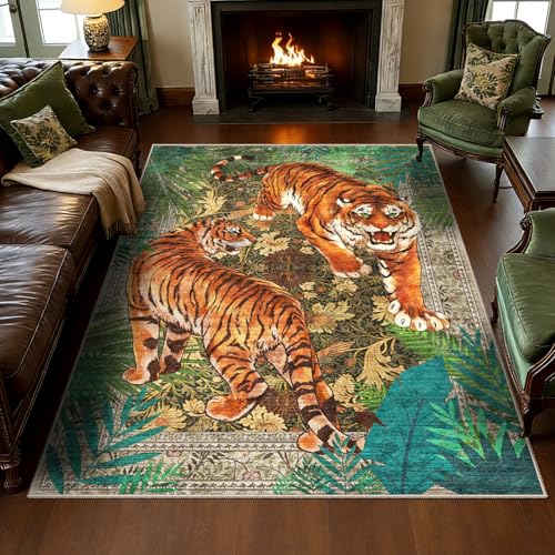 AooHHooA Tiger Area Rug 5x7, Tiger Rugs for Living Room Green - color: Tiger-1, size: 5' x 7' (Rectangular)
