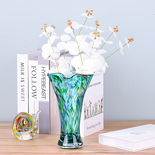 LCCCK 9.0" H Teal Glass Vases for Flower, Unique Hand Blown Glass Vase - color: Teal