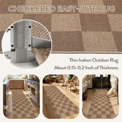 Lahome Checkered Easy Jute Kitchen Runner Rug, 2x8 Outdoor Rugs Washable - color: Nature/Checkerboard -1, size: 2'6" x 8' (Runner)