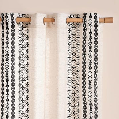 Black and Cream Boho Embroidered Curtains for Living Room 72 Inch - color: Striped-black, size: 52"W x 72"L (Pack of 2)