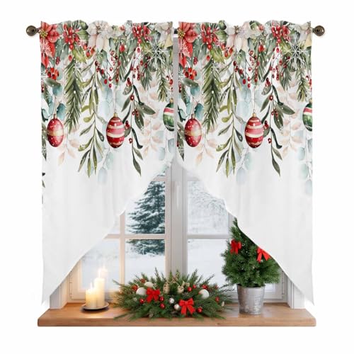 Christmas Swag Valances Kitchen Curtains 36 Inches Length,Winter White Red Poinsettia Tier Drapes Swag Topper,Xmas Balls Snowflakes Floral Leaf Short Window Treatments for Windows 2 Panels 28"x36" - color: White, size: 28"W x 36"L (Pack of 2)