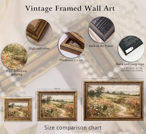 Vintage Gold Framed Canvas Wall Art Retro Country Nature Wildflower Landscape Painting Picture Wall Decor Farmhouse Rustic Floral Poster Print Artwork for Office Living Room Bedroom - color: Rural scenery, size: 11"L x 9"W