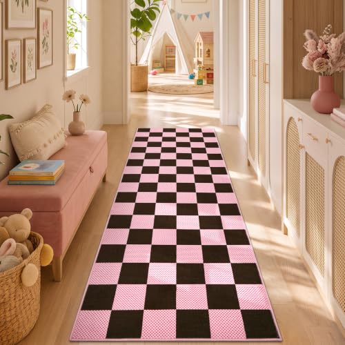 GarveeHome Checkered Brown Pink 2x6 Washable Low-Pile Kitchen Runner Rug - color: Brown Pink, size: 2' x 6' (Rectangular)