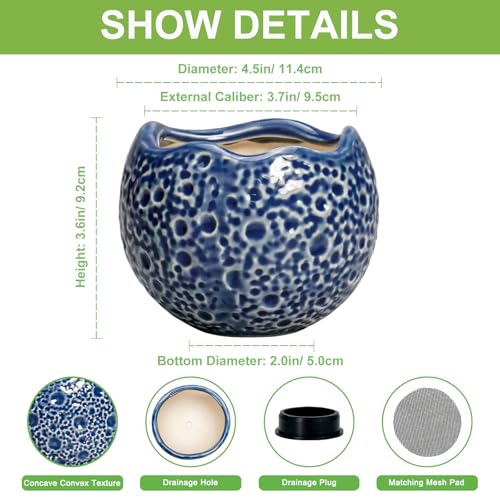 4 Inch Plant Pots - Small Ceramic Planter with Drainage Hole, Succulent Pots for Indoor Outdoor, Unique Round Planter, Modern Decorative Flower Pot, Desk Decor, Plant Lovers Gifts, Blue - color: Blue, size: 4.5 Inch