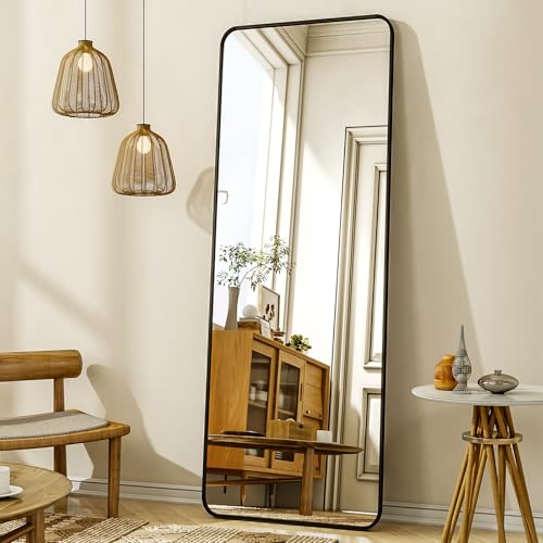 XRAMFY 56"x21" Floor Full Length Mirror Standing Full Body Rounded Corner Rectangle Mirrors with Stand Hanging Wall Mounted Leaning Bedroom Living Room Bedroom Cloakroom,Black - color: Black, size: 56"L x 21"W