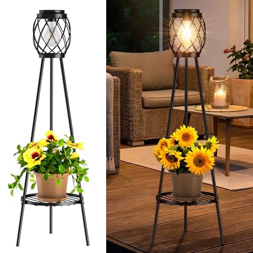 MXwcy Solar Floor Lamp with Plant Stands，Solar Lights Outdoor with Vintage LED Edison Bulbs, Weatherproof Garden Lights for Pathway, Patio, Yard, 8-10 Hours Lighting, IP55 Waterproof - color: B- 1Pack Black - Edison bulbs, size: Medium