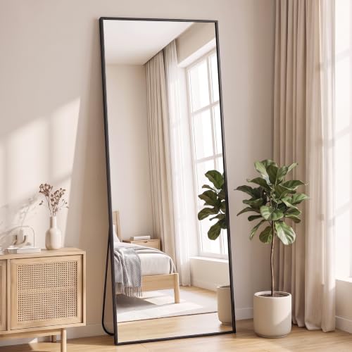 NEWBULIG Mirror Full Length, 16"x59" Body Wall Mirrors with Shatter-Proof Glass, Upgraded Floor Standing Mirror, Hanging or Leaning, with Stand Aluminum Alloy Frame for Home Decor, Bedroom, Black - color: Black-rect, size: 59"L x 16"W