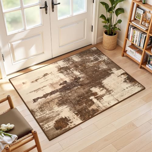 Kelarea Washable Entryway Rug 2x3, Non-Slip Low Pile Abstract Brown - color: Brown, size: 2' x 3' (Rectangular)