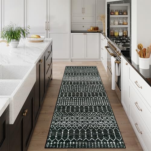 Lahome Moroccan Black Washable Runner 2x5 Non-Slip Lightweight Laundry Room Rug Throw Soft Long Bathroom Rug, Geometric Print Carpet Runners for Kitchen Hallway (Black, 2'x5'') Hana - color: Black, size: 2' x 5' (Runner)