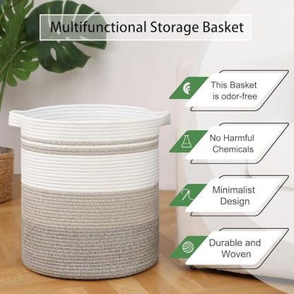 80L Foldable Cotton Rope Laundry Hamper, Oversized Woven Storage Basket with Sturdy Handles for Blankets Toys Nursery, Triple Brown Earth Tone